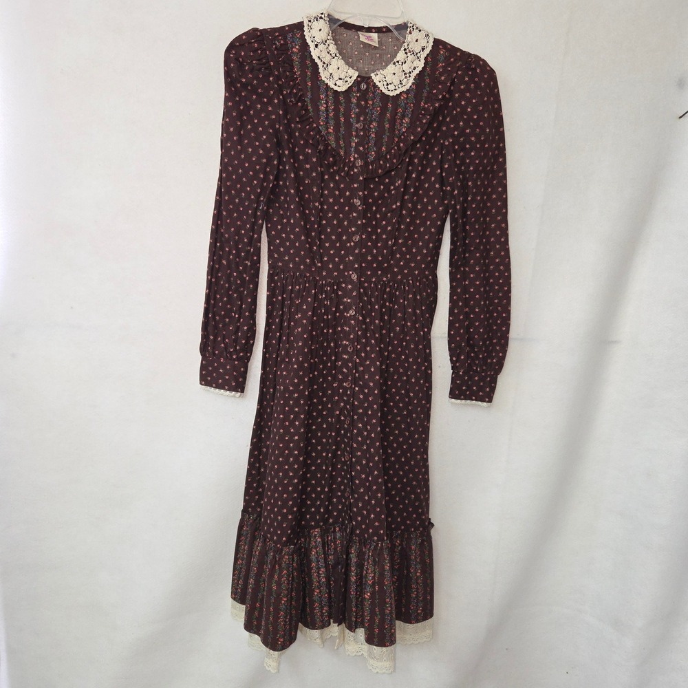 Candi Jones Dress Women 3‎ Brown Floral Lace Prairie Cottagecore Vintage 70s